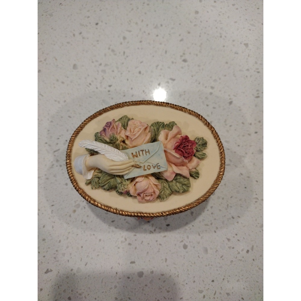 Vintage Dezine Oval Trinket Box "With Love" Hand Painted Pink Roses